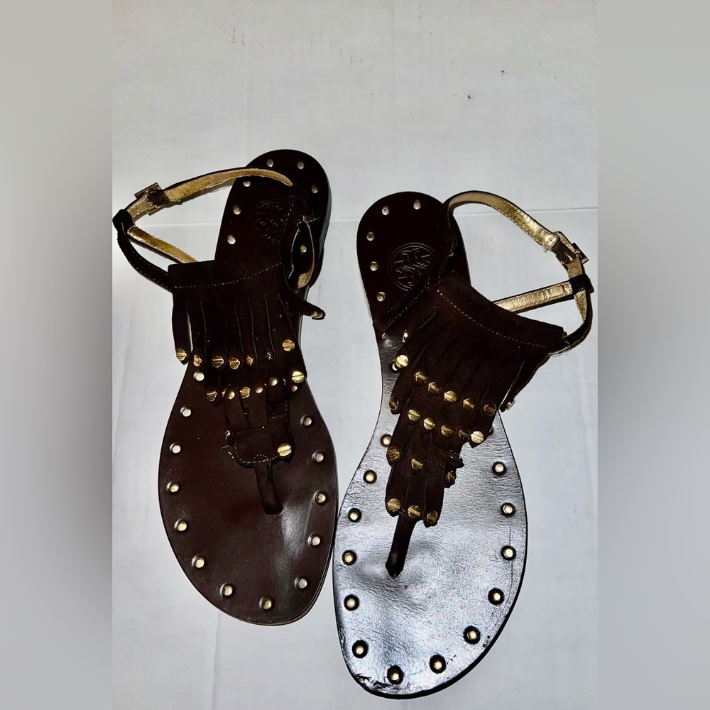 TORY BURCH brown Louisa Leather Thong Wedge Sandals with Moccasin size 9.5